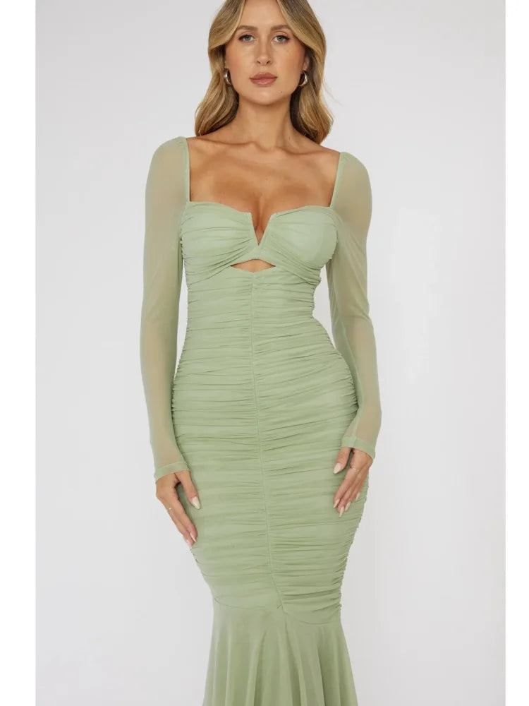 Fashion Mesh Patchwork Long Sleeved Dress Women's Double Fold Bandage Slim Fit Vesidos Elegant Party Evening Dress 2024