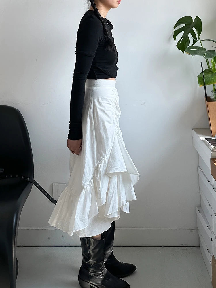 High Waist White Pleated Ruffles Irregular Slit Elegant Half-body Skirt Women Fashion Tide New Spring Autumn 2025 1DJ0094