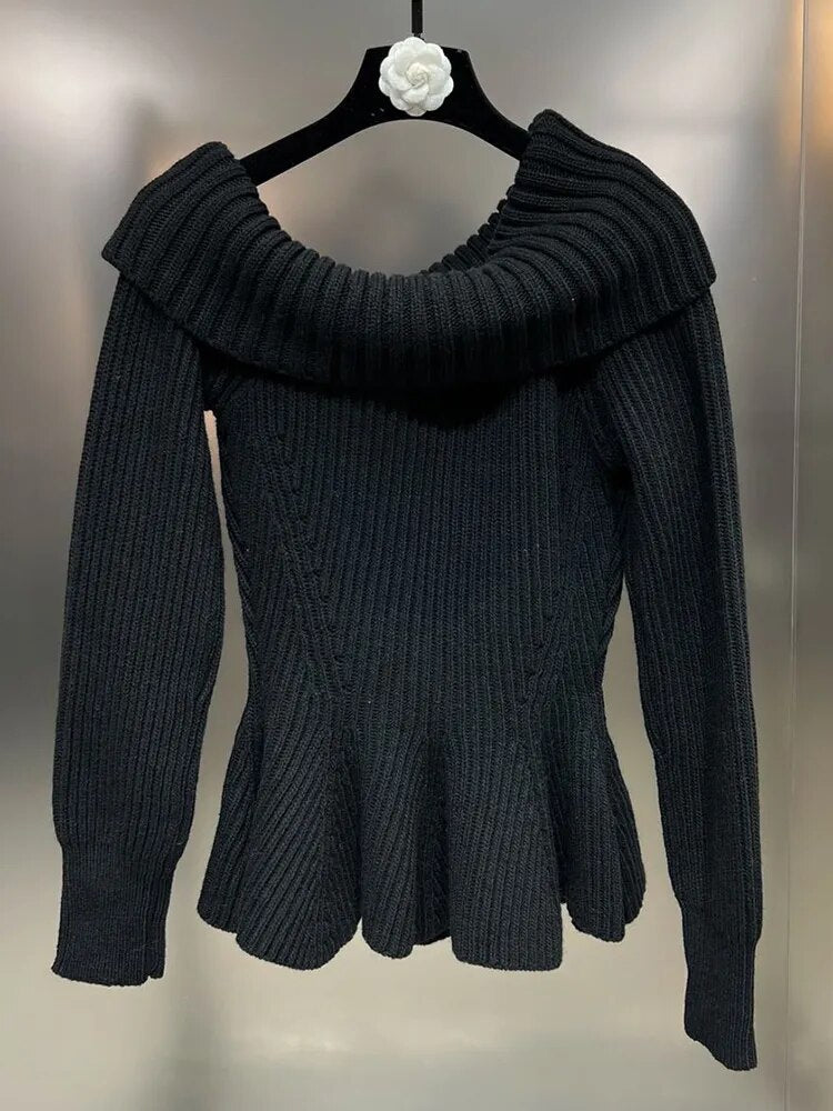 Knitting Minimalist Sweater For Women Skew Collar Long Sleeve Off Shoulder Casual Pullover Female Clothing