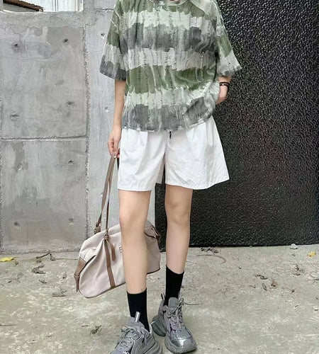 Women Green Striped Holes Zipper Big Size Casual T-shirt New Round Neck Half Sleeve Fashion Spring Summer 2025 1DJ1384