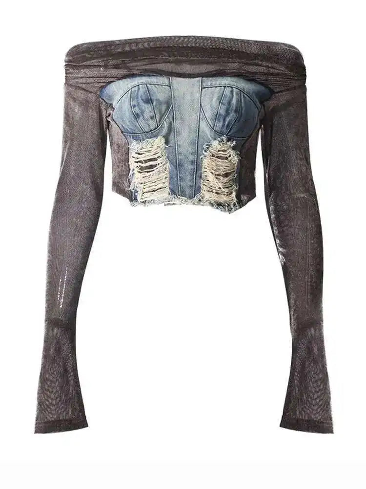 Velvet Denim T-shirt Half-body Skirt Two Pieces Suit New Slash Neck Long Sleeve Women Fashion Spring Autumn 2025 7AB6039