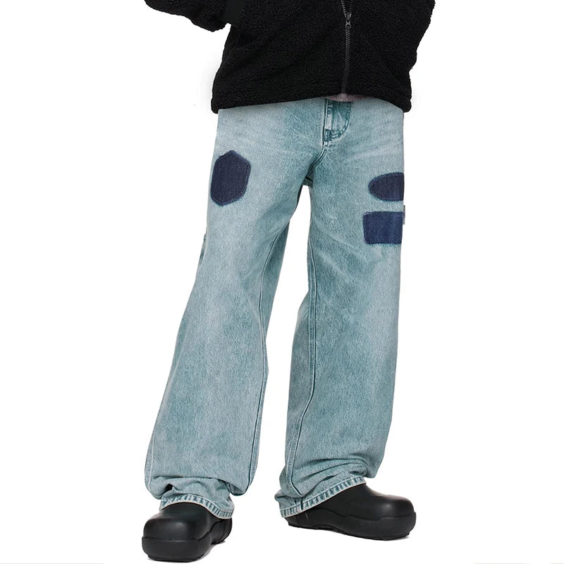 Men's Jeans  American Distressed Washed Denim Pants Color Block Design Street Style Multi Pocket Trousers 9W1464