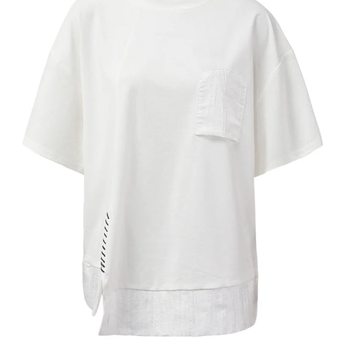 Load image into Gallery viewer, Women Black Pocket Color-block Topstitched Big Size T-shirt New Round Neck Short Sleeve Fashion Spring Summer 2025 1DH5356
