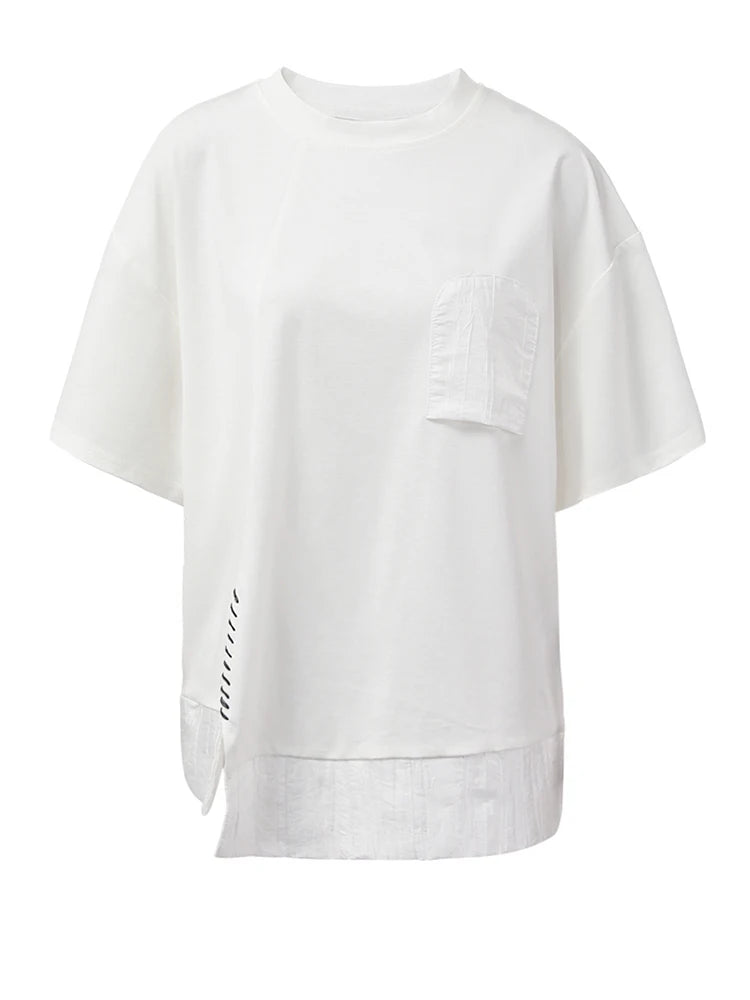 Women Black Pocket Color-block Topstitched Big Size T-shirt New Round Neck Short Sleeve Fashion Spring Summer 2025 1DH5356