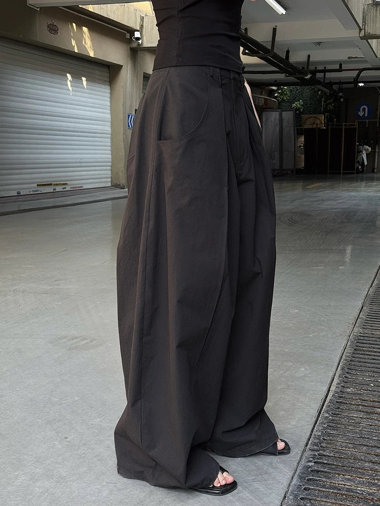 High Waist Khaki Pleated Pocket Brief Long Wide Leg Pants New Trousers Women Fashion Tide Spring Autumn 2025  1DJ1347