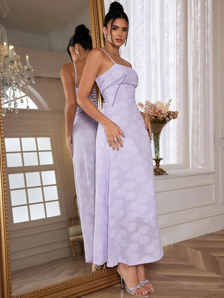 Summer Elegant Maxi Dress 2024 New Arrival Purple Spaghetti Strap Wedding Guest Dress Lace Up Party Dresses