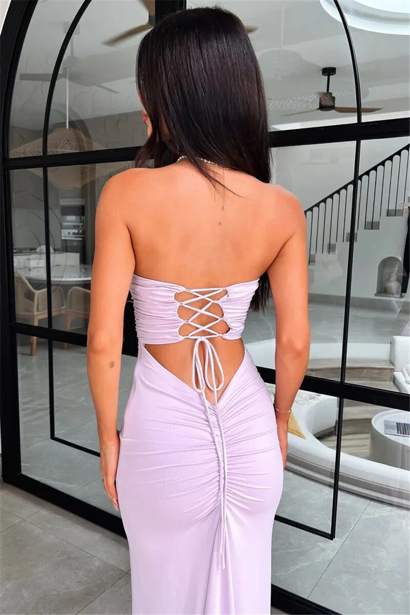 Strapless Backless Lace-up Maxi Dress For Women Summer New Off-shoulder Sleeveless Bodycon Club Party Long Dress