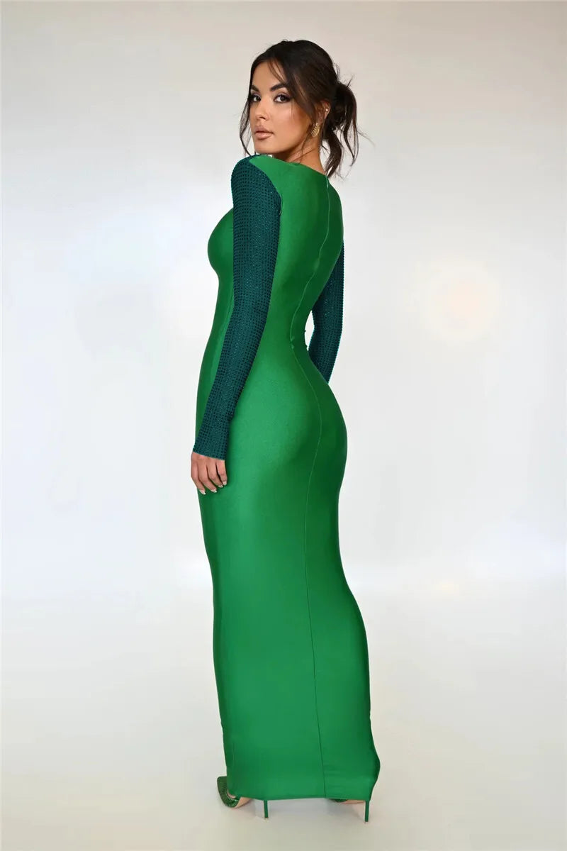 Hollow Out Sparkle Long Sleeve Maxi Dress For Women Glitter Vestidos Robe New Bodycon Shiny Night Club Party Long Dress