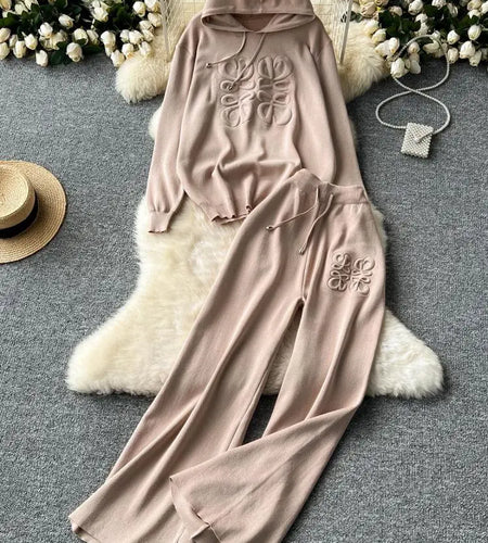 2024 Spring Autumn New Women Casual Solid Hooded Knitted Long Sleeve Sweatshirt Pullover Tops And Wide Leg Pants Two-piece Suits