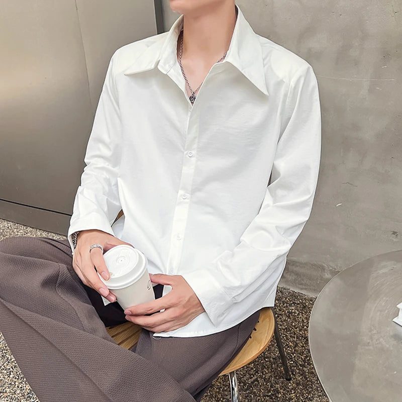 Spring Men's Shirts Long Sleeve Solid Color Casual  Large Lapel Shoulder Pad Single Breasted Male Clothing 9W1869