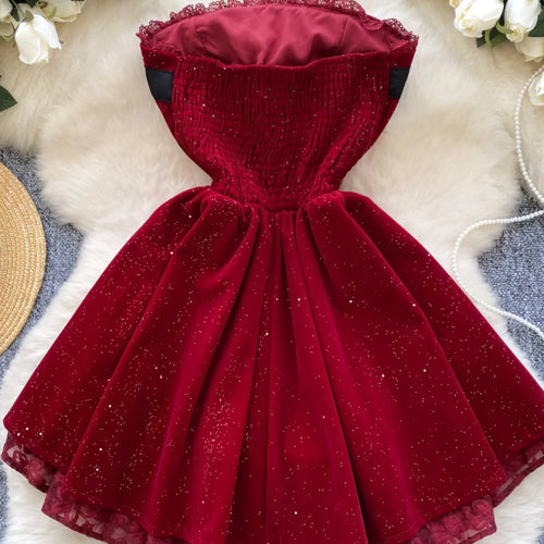 Load image into Gallery viewer, French Women Black Patchwork Bow Backless Birthday Party Strapless Short Dress Summer Red Velvet Flower Decorate Pleated Dresses
