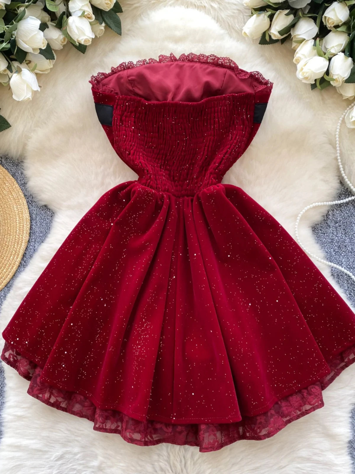 French Women Black Patchwork Bow Backless Birthday Party Strapless Short Dress Summer Red Velvet Flower Decorate Pleated Dresses