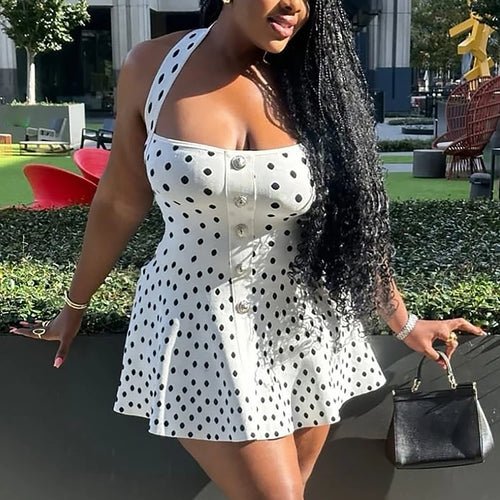 Load image into Gallery viewer, Halter Backless Polka Dot Dress For Women Fashion Square Collar Sleeveless High Waist A-line Knit Mini Dress Elegant
