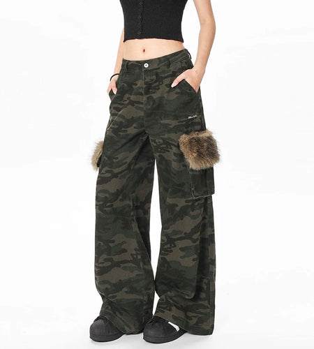 American High Street Male Cargo Pants Fur Design Loose Straight Wide Leg Multi Pockets Chic Male Casual Trousers 9W1957