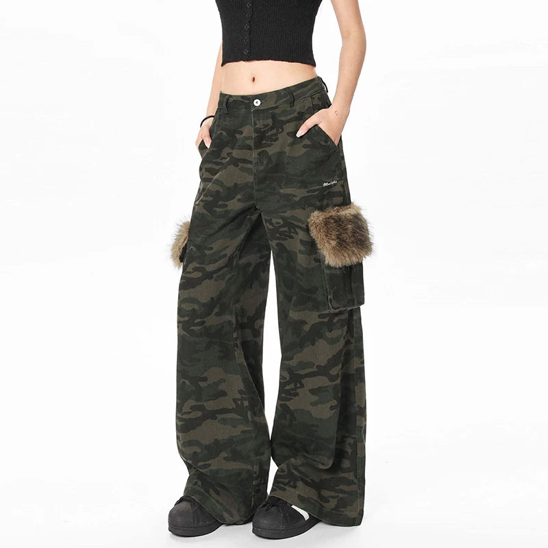 American High Street Male Cargo Pants Fur Design Loose Straight Wide Leg Multi Pockets Chic Male Casual Trousers 9W1957