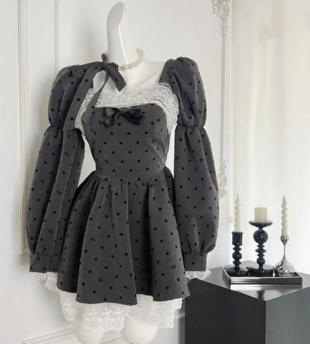 Vintage French Women's Gray Patchwork Lace Dot Short Dress Autumn Winter Square Neck Long Sleeve Backless Pleated Evening Dress