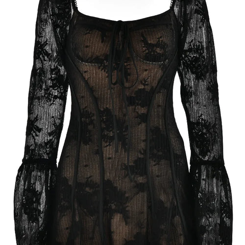 Load image into Gallery viewer, Elegant Square Neck Lace Patchwork Dress Women Flare Sleeve Ruffle Edge Double Layer Bodycon Vesidos Slim Party Evening
