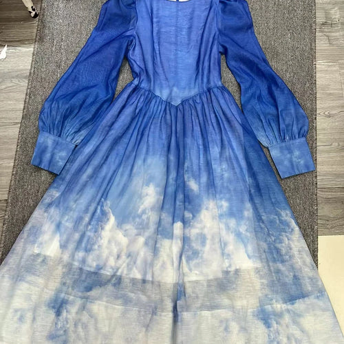 Load image into Gallery viewer, Hit Color Chic Tie Dye Long Dresses For Women Round Neck Lantern Sleeve High Waist Elegant Dress Female Fashion Style New
