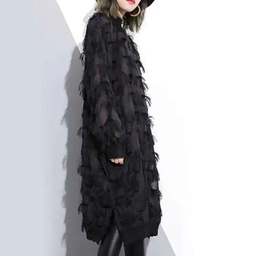 Load image into Gallery viewer, Spring Autumn Stand Collar Long Sleeve Perspective Black Loose Tassels Big Size Dress Women Fashion Tide JI780
