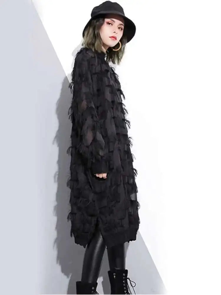 Spring Autumn Stand Collar Long Sleeve Perspective Black Loose Tassels Big Size Dress Women Fashion Tide JI780