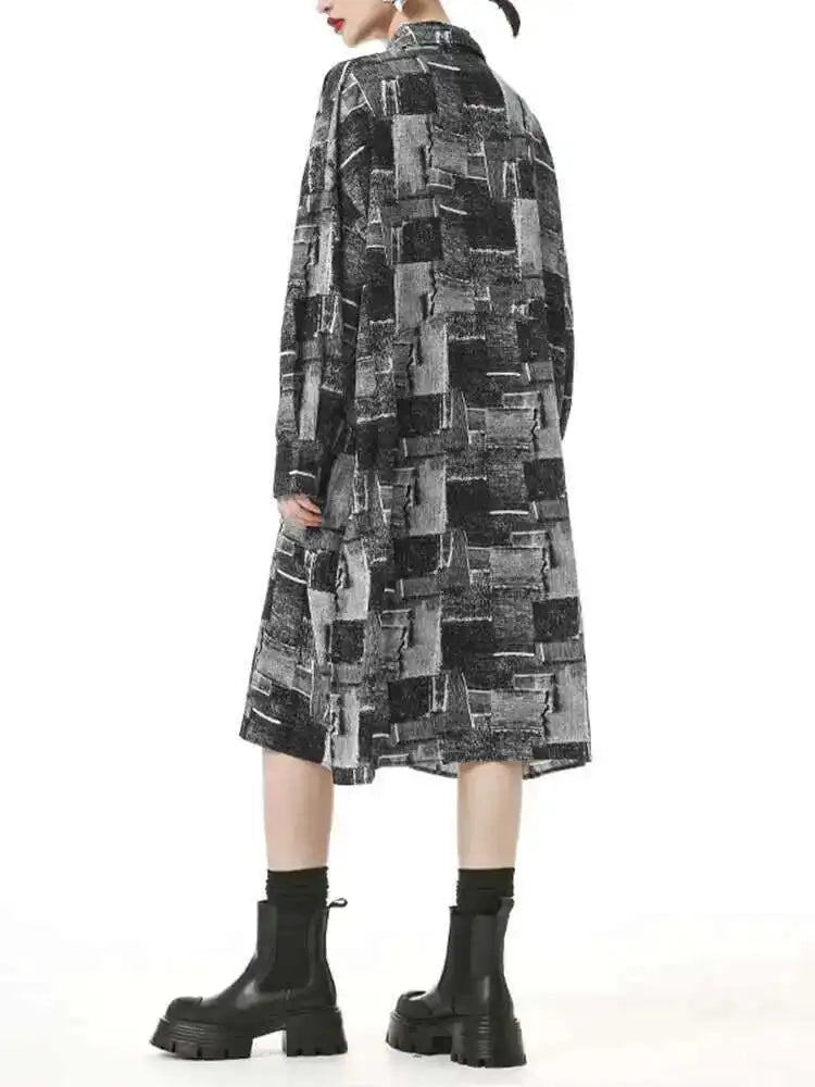 Women Black Pattern Printed Pocket Big Size Midi Shirt Dress New Lapel Long Sleeve Fashion Tide Spring Autumn 2025 1DH4102