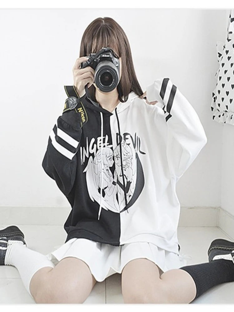 Kawaii Women Hooded Hoodies Long Sleeve Lovely Patchwork Cute Girls Sweet Sweatshirt Female Pullovers