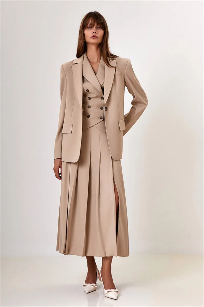 Autumn Two Piece Sets Women Double-breasted Vest And Split Skirt Matching Sets Fashion Long Pleated Skirt Two Piece Set