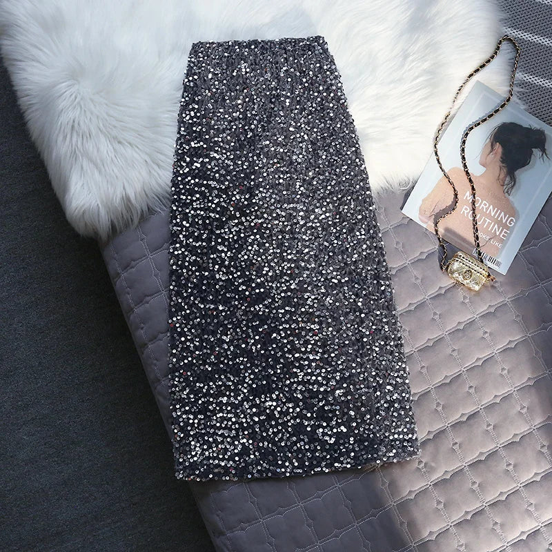 Korean Style Fashion Sequin Design Long Skirts For Women All Season Ladies Casual Streetwear All Match Sexy Split Midi Skirt