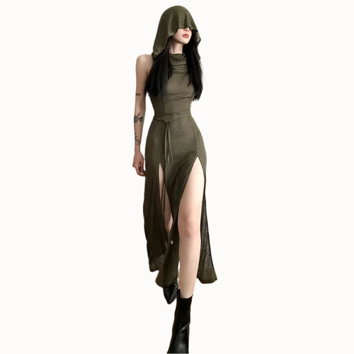 Load image into Gallery viewer, Trashy Y2k Hooded Sleeveless Long Dresses for Women Streetwear Lace Up Cut Out Backless Dress Green Black P71-DZ23
