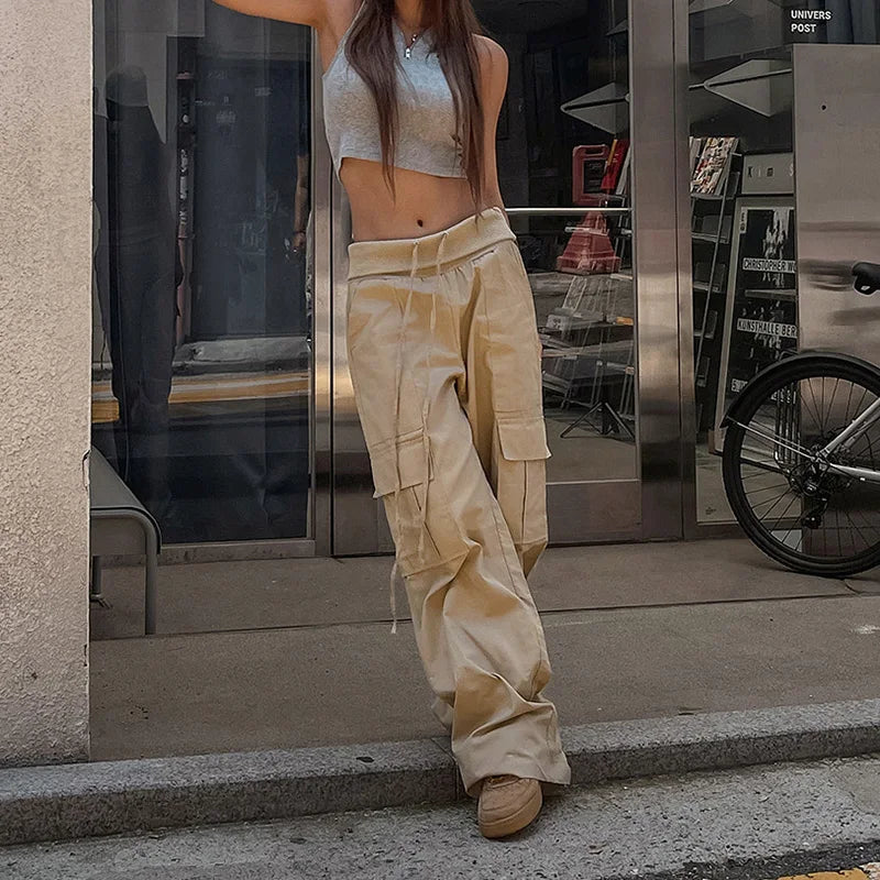 Harajuku Khaki Drawstring Low Waist Pants Female Casual Pockets Basic Cargo Trousers Korean Hip Hop Sweatpants Bottom