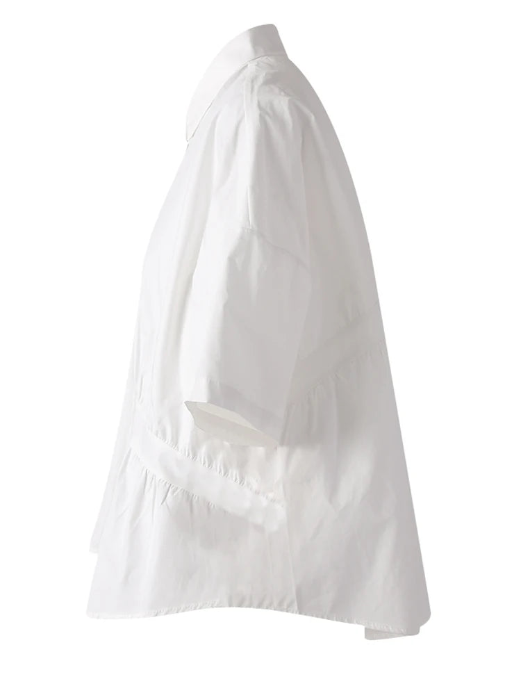 Women Black Irregular Pleated Big Size Casual Blouse New Lapel Short Sleeve Shirt Fashion Tide Spring Summer 2025 CPG3167