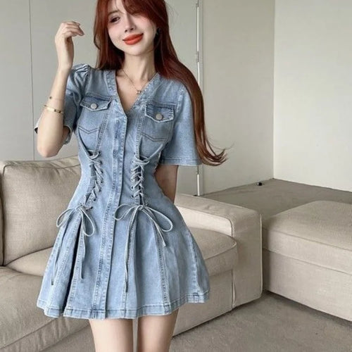 Load image into Gallery viewer, Denim Bandage Dress Women Korean Fashion Kpop Streetwear Mini Short Dresses Wrap
