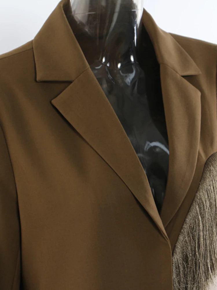 Women Army Green Color-block Tassels Big Size Blazer New Lapel Long Sleeve Jacket Fashion Tide Spring Autumn 2025 1DJ1290