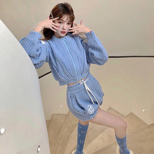 Load image into Gallery viewer, Y2k Two Pieces Sets Women Blue Knitted Cropped Cardigan +High Waist Shorts Korean Streetwear 2025 Spring Autumn Outfits
