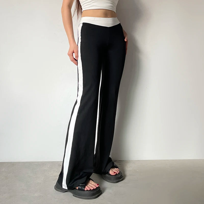 Korean Contrast Color Elastic Waist Women Pants Casual Side Striped Basic Flare Trousers Skinny Bottoms Cute Coquette