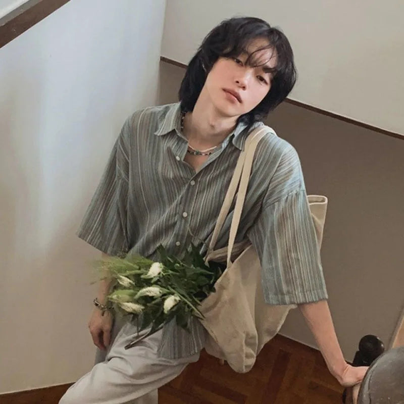 Men's Short Sleeve Striped Shirts New Summer Loose Single Breasted Casual Turn-down Collar Korean Trendy Top 9W1620