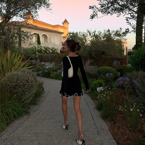 Load image into Gallery viewer, Long Sleeve Knit Mini Dress For Women Pullovers Sweater Dress Autumn Winter New Contrast Color O Neck Ruffled Dress
