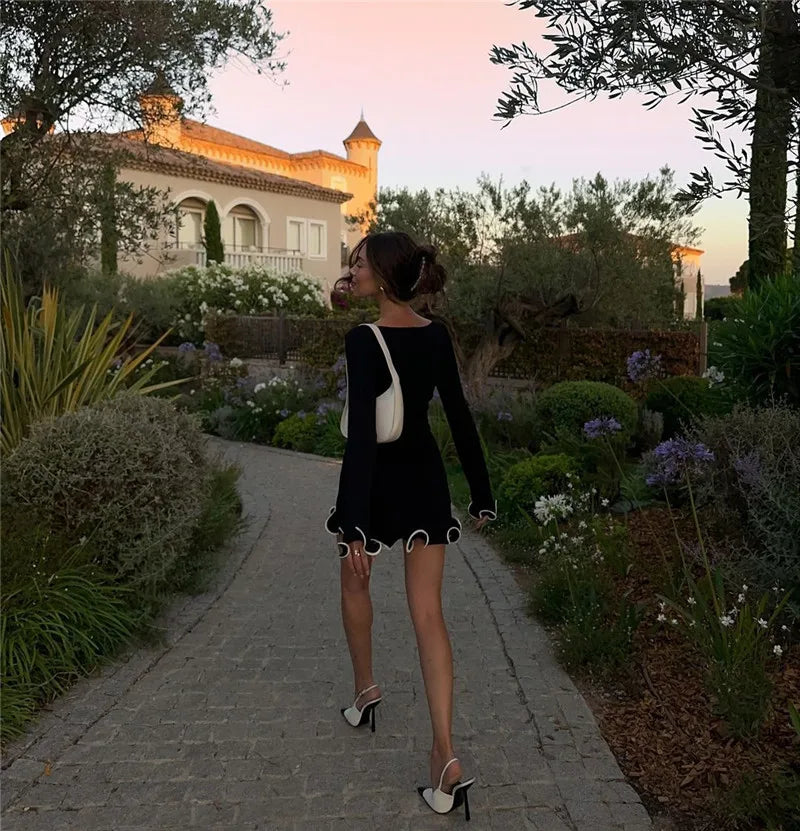 Long Sleeve Knit Mini Dress For Women Pullovers Sweater Dress Autumn Winter New Contrast Color O Neck Ruffled Dress