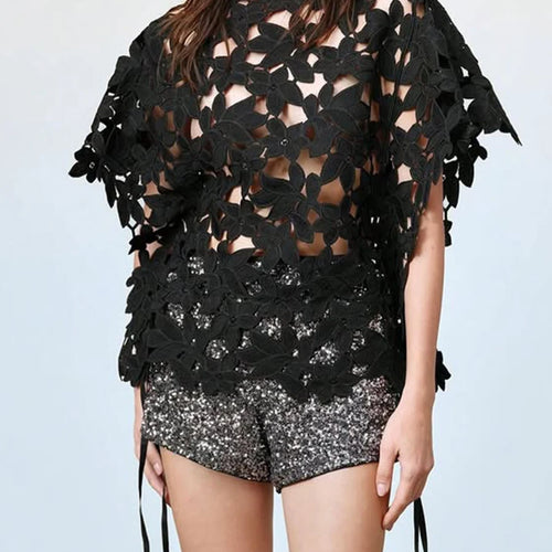 Load image into Gallery viewer, Solid Hollow Out Spliced Flower Two Piece Sets for Women Round Neck Short Sleeves Blouse High Waist Skirt Set Female
