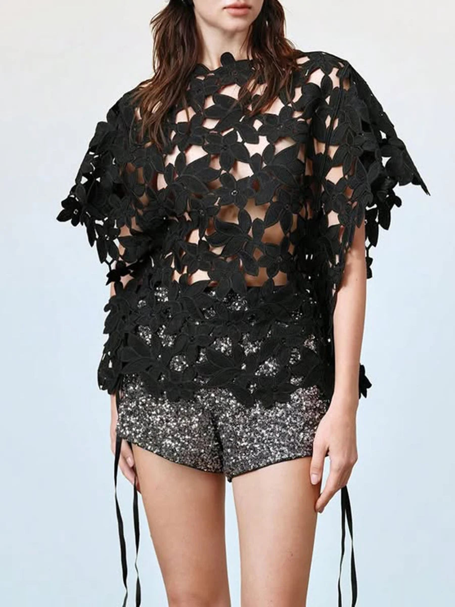 Solid Hollow Out Spliced Flower Two Piece Sets for Women Round Neck Short Sleeves Blouse High Waist Skirt Set Female