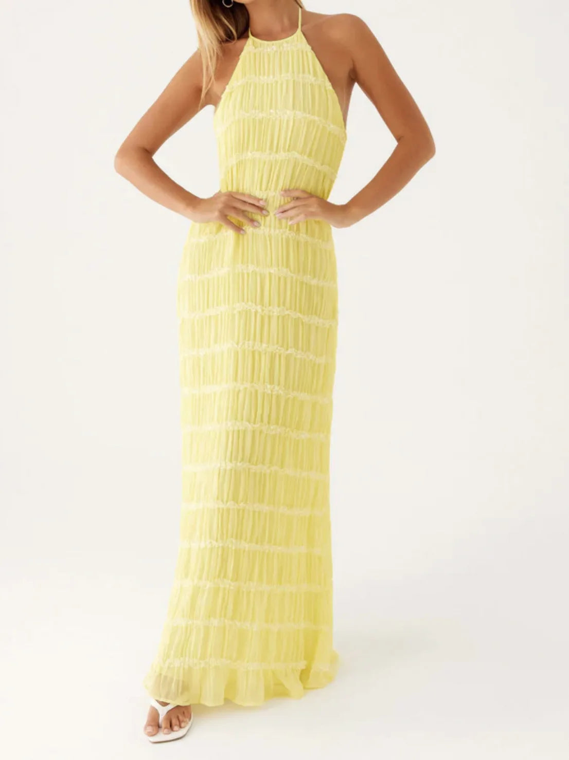 Halter Backless Sexy Maxi Dress For Women Spring Summer New Lace-up Sleeveless Pleated Beach Holiday Long Dress Elegant