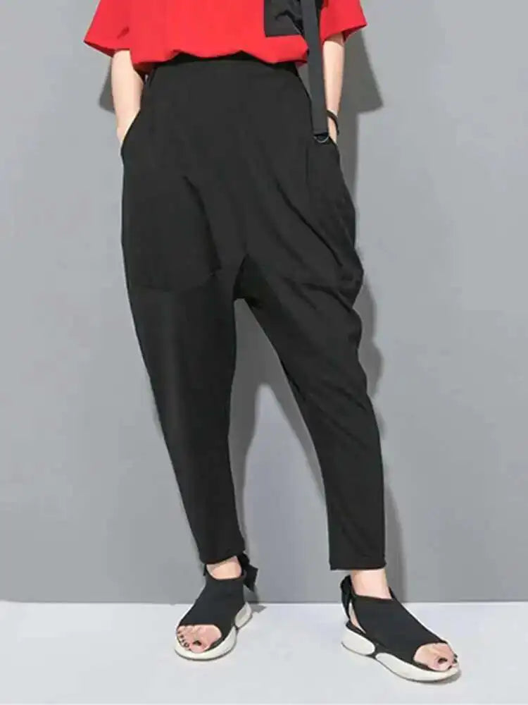 Spring Autumn High Elastic Waist Black Leisure Pocket Stitch Loose Harem Pants Women Trousers Fashion Tide JW997