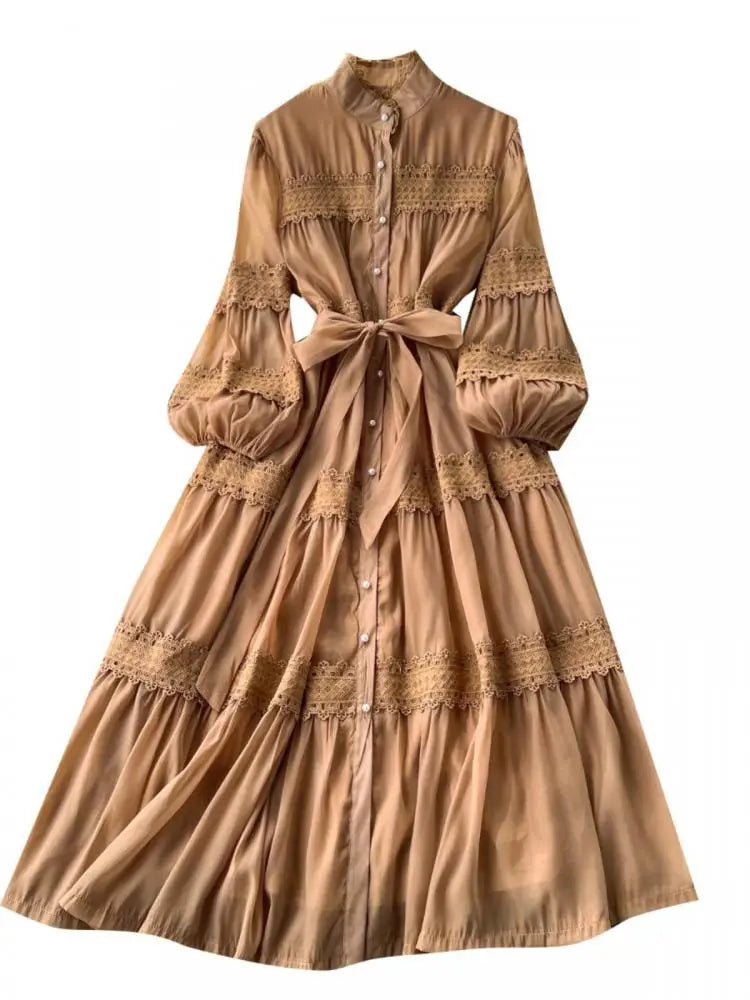 Vintage Women's Solid Single Breasted Bow Lace- Up Long Dress Autumn Lace Patchwork Long Sleeved Evening Party Princess Dresses