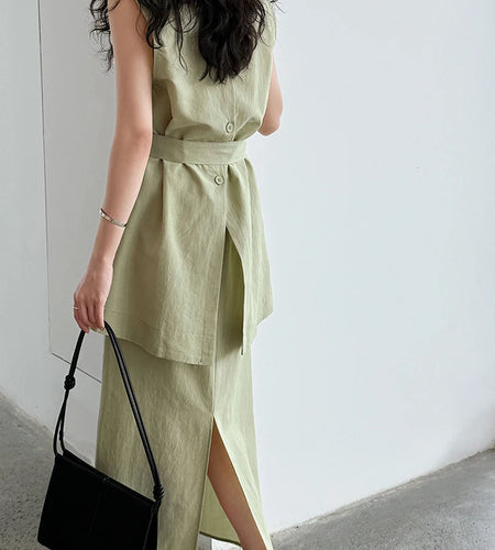 Green Belted Tank Top Half-body Skirt Two Pieces Suit New Round Neck Sleeveless Women Fashion Spring Autumn 2025 1DJ1111