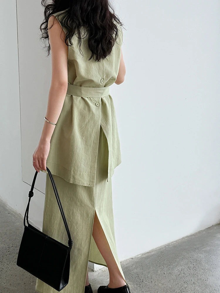 Green Belted Tank Top Half-body Skirt Two Pieces Suit New Round Neck Sleeveless Women Fashion Spring Autumn 2025 1DJ1111