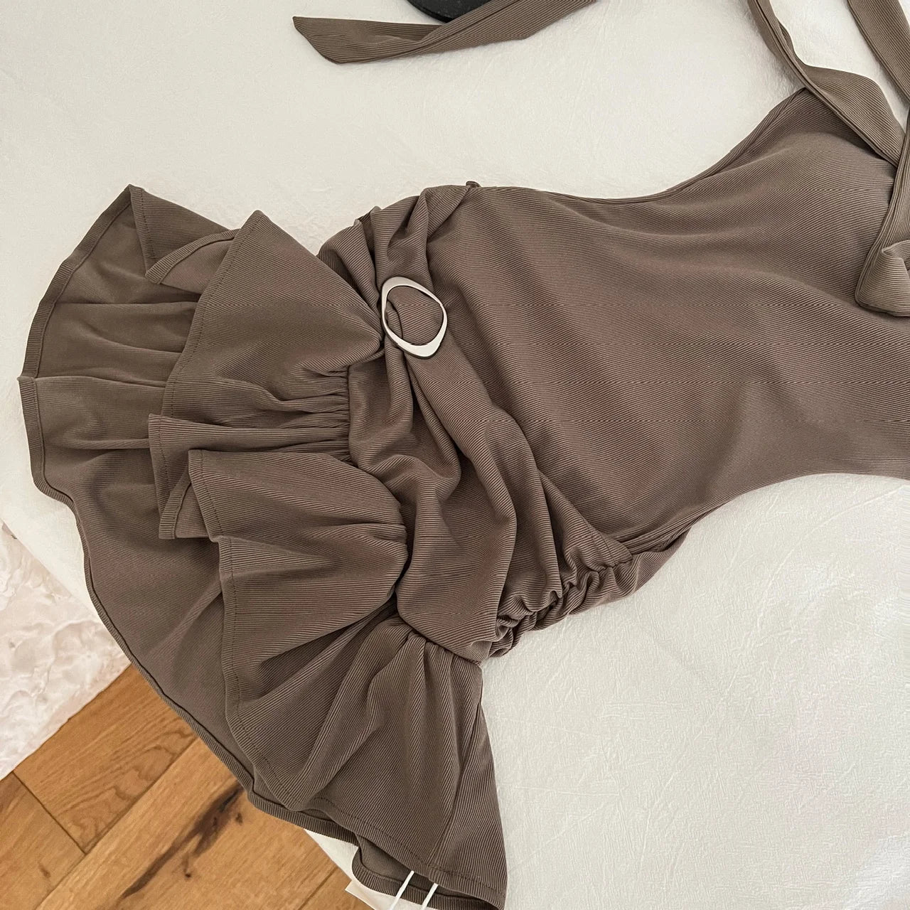 Black Elegant Sexy Club Pleated A-line Short Dress Women's Summer New Brown Sleeveless Off Shoulder Ruffled Edge Strapless Dress