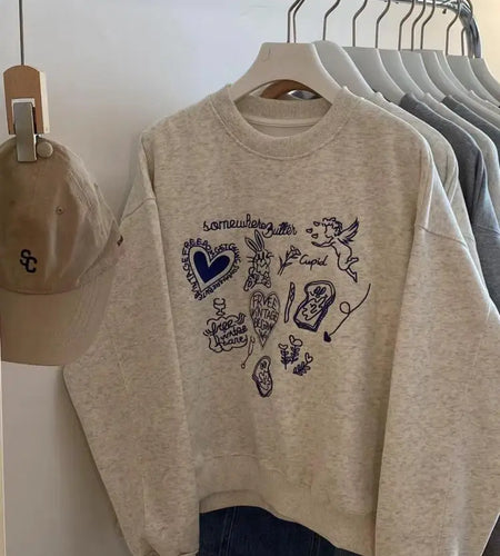 Korean Fashion Women's Gray Embroidered Round Neck Short Sweatshirts Autumn Long Sleeves Vacation Pullovers Tops Casual Popular