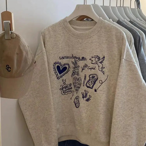 Load image into Gallery viewer, Korean Fashion Women's Gray Embroidered Round Neck Short Sweatshirts Autumn Long Sleeves Vacation Pullovers Tops Casual Popular
