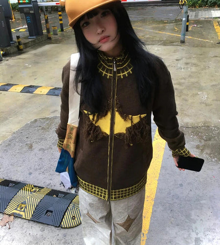 Y2k Aesthetic Vintage Knitted Plaid Cardigans Star Jacquard Tassel Zipper Sweater Coats Loose Women Grunge Harajuku Ins Knitwear
