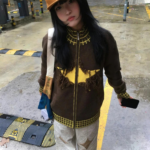 Load image into Gallery viewer, Y2k Aesthetic Vintage Knitted Plaid Cardigans Star Jacquard Tassel Zipper Sweater Coats Loose Women Grunge Harajuku Ins Knitwear
